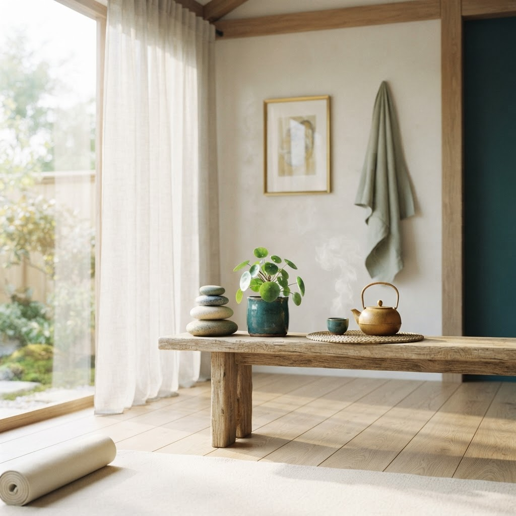 A calm, sunlit wellness space with stacked stones and a green plant